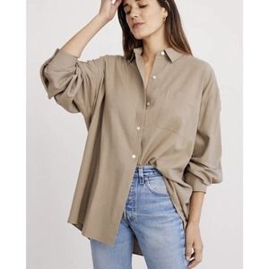 JENNI KAYNE Oversized Boyfriend Shirt - Beige Tan Chestnut Cotton Medium